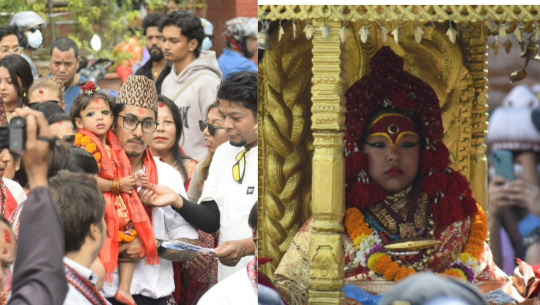 जीवित देवी कुमारीले सर्वसाधारणलाई दशमीको टीका लगाइदिने
