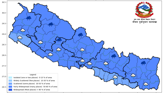 कोशी, बागमती, गण्डकी, लुम्बिनी र कर्णाली प्रदेशका केही स्थानमा भारी वर्षाको पूर्वानुमान