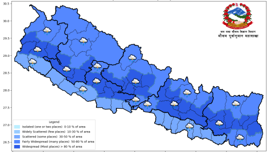 आजको मौसमः देशका विभिन्न स्थानमा वर्षा, केही पहाडी क्षेत्रमा भारी वर्षाको पूर्वानुमान