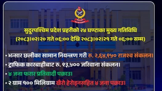 Sudurpaschim Police report daily enforcement actions including seizures, arrests, and traffic fines