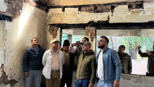 Former home minister Ramesh Lekhak visits burnt ancestral home five months after Gen-z movement