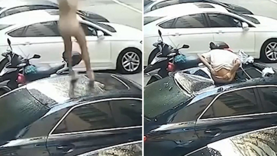 बाल्कोनीबाट खसिन् महिला, भाँचियो कार, महिला बाँचिन् (भिडिओ)