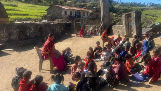 Doti students forced to study in open field due to lack of classrooms