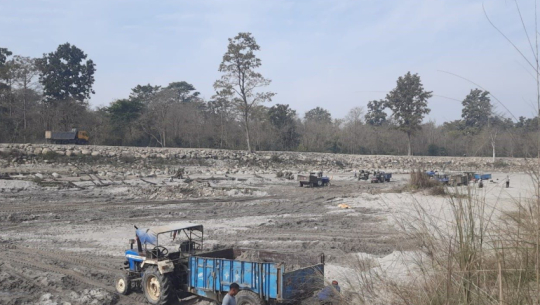 Excavation continues beneath embankment built to control Karnali river flow